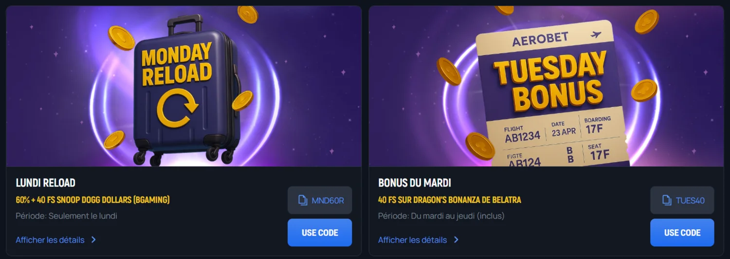 Casino Aerobet recharges quotidiennes et hebdomadaires
